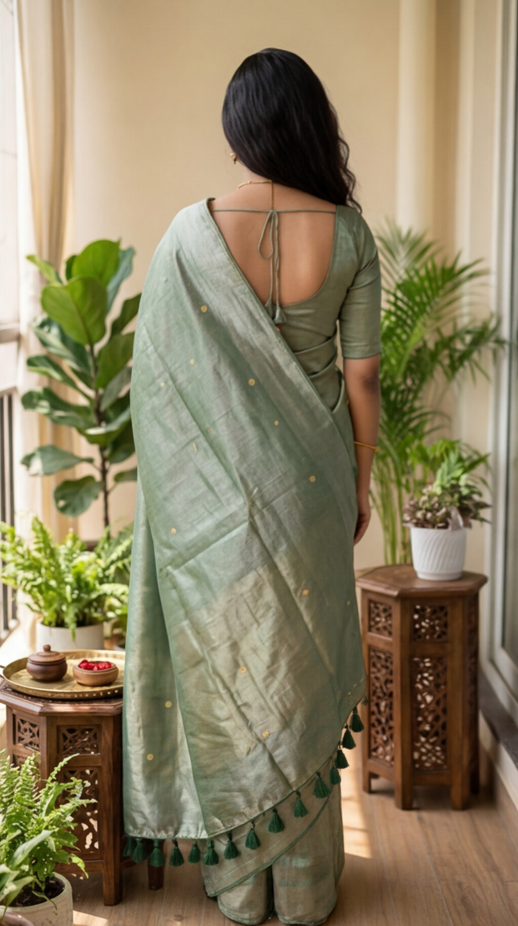 Khadi Tissue Saree - Sage Green