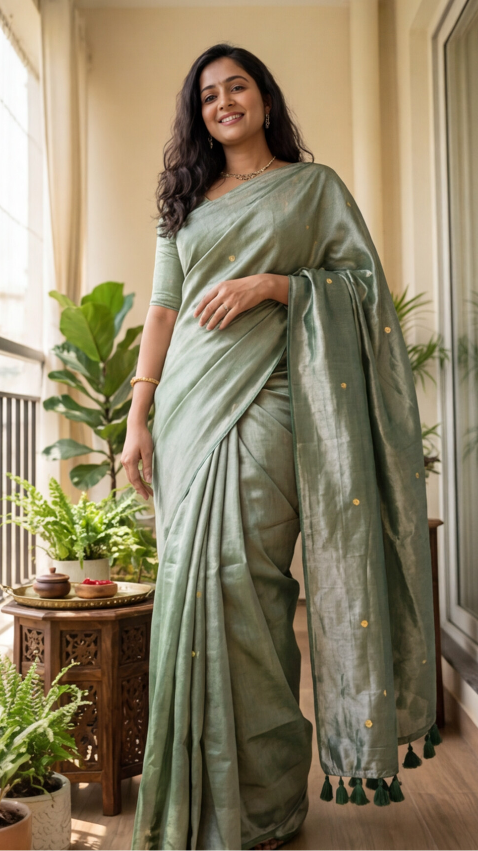 Khadi Tissue Saree - Sage Green