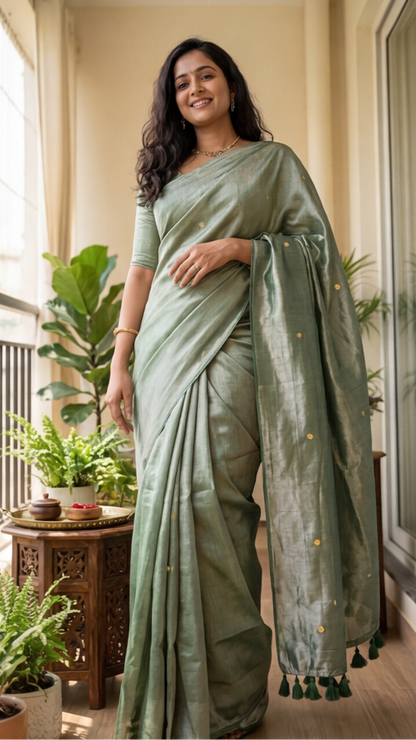 Khadi Tissue Saree - Sage Green