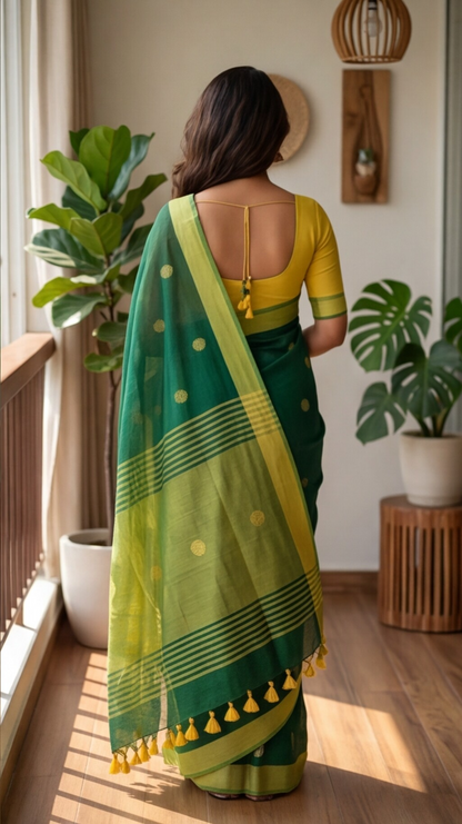 Khadi Balls Saree - Green with Yellow