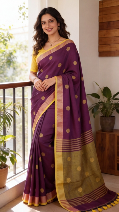 Khadi Balls Saree - Purple with Yellow