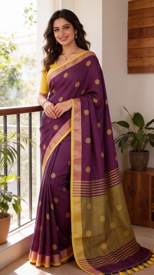 Khadi Balls Saree - Purple with Yellow