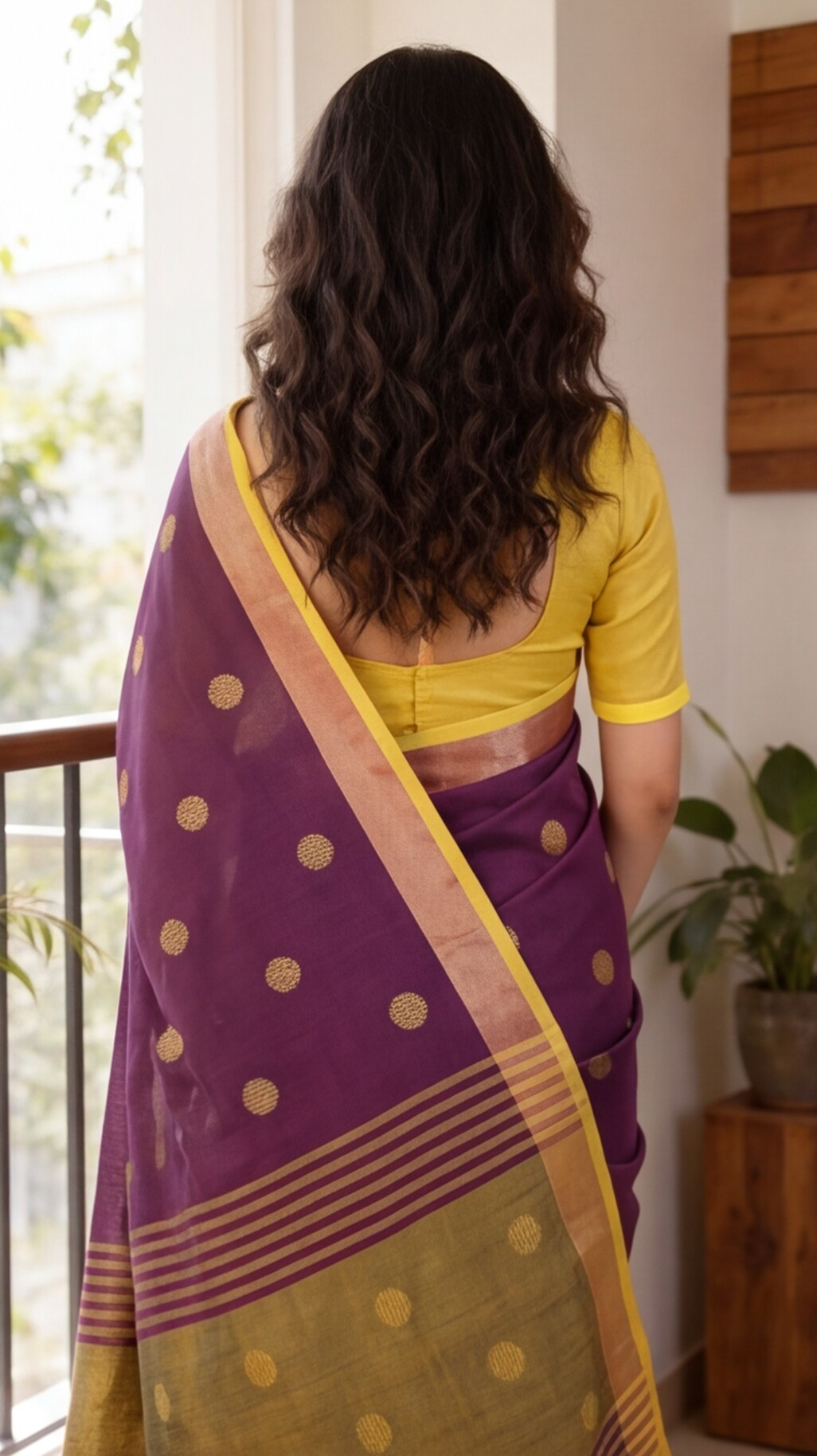 Khadi Balls Saree - Purple with Yellow