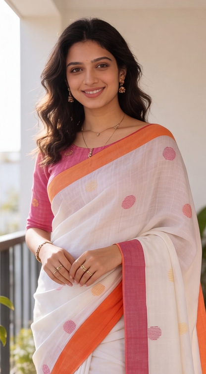 Khadi Balls Saree - White with Orange