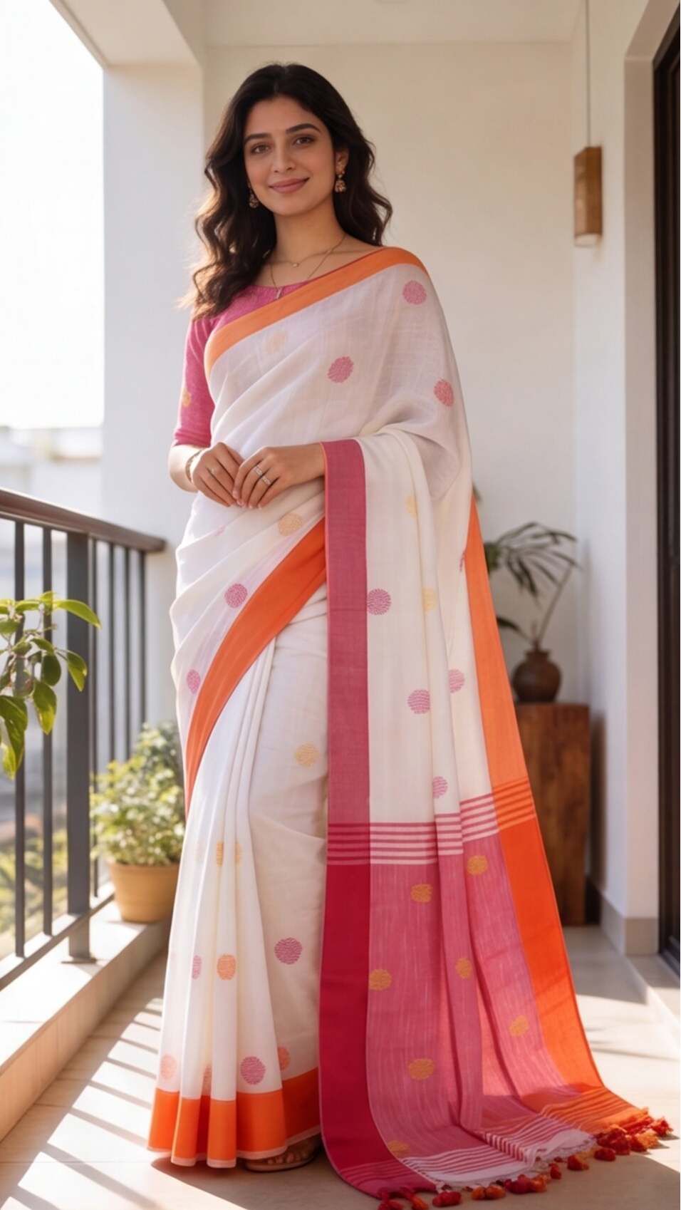 Khadi Balls Saree - White with Orange