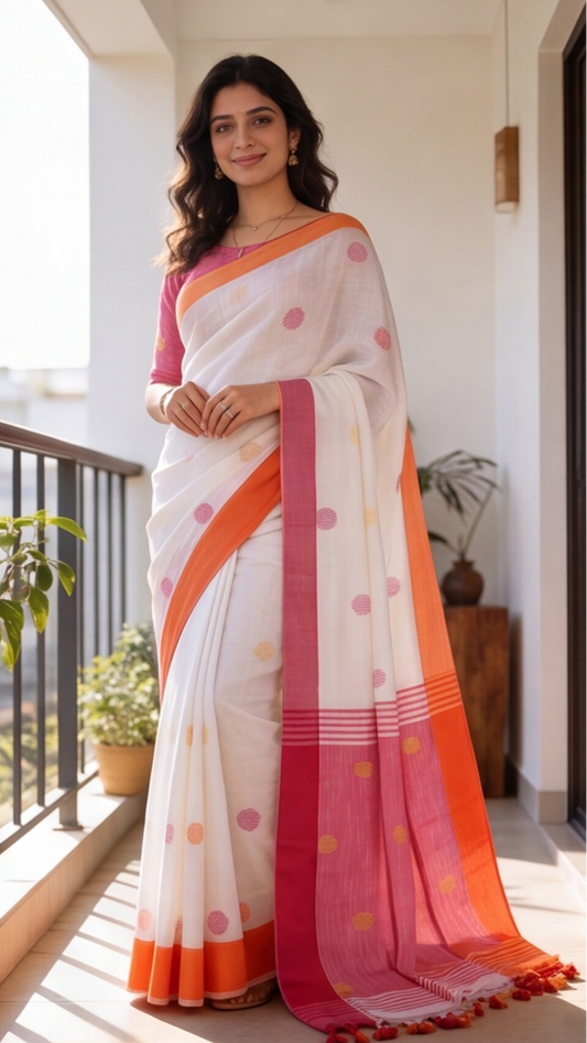 Khadi Balls Saree - White with Orange