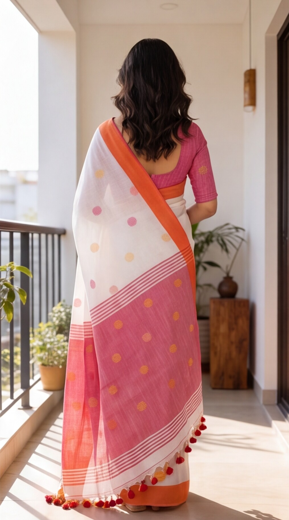Khadi Balls Saree - White with Orange