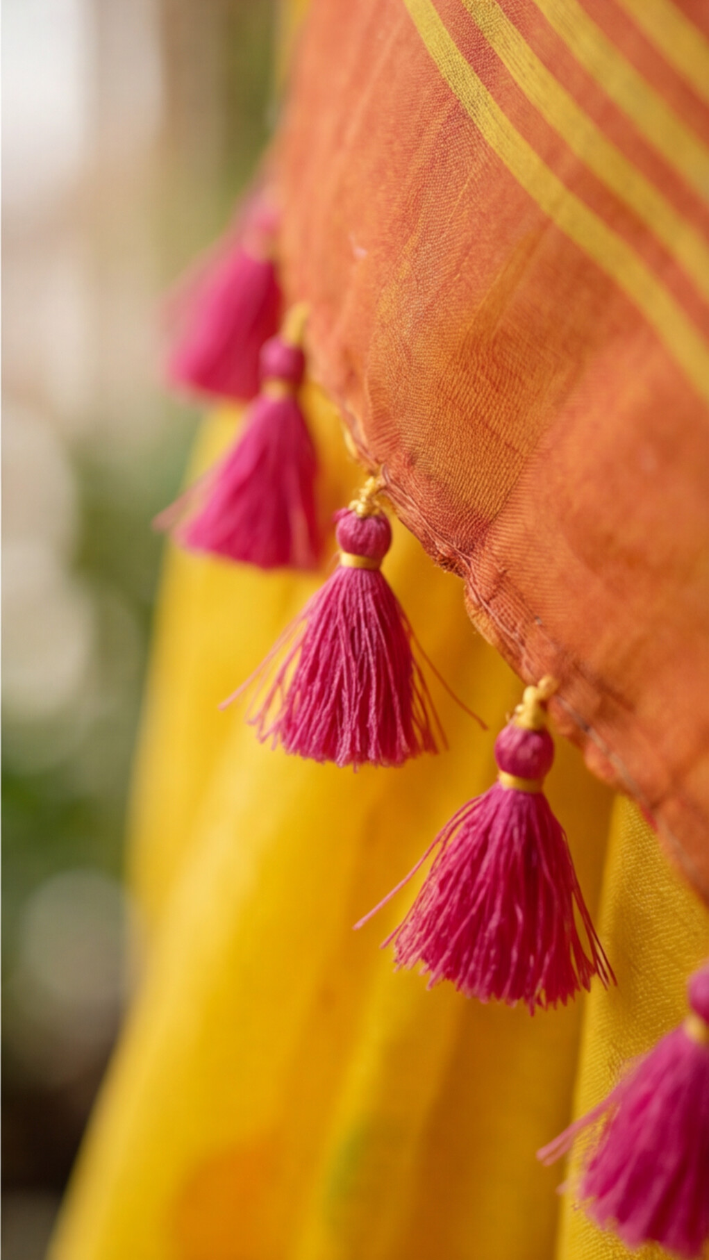 Khadi Balls Saree - Yellow with Pink