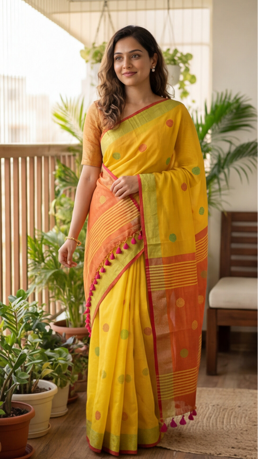 Khadi Balls Saree - Yellow with Pink