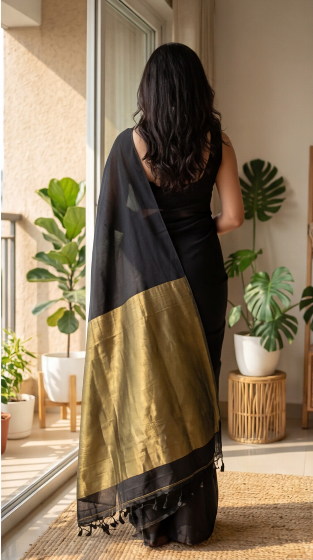 Khadi Cotton Saree - Black - KCEQ005