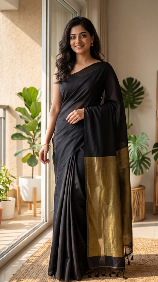 Khadi Cotton Saree - Black - KCEQ005