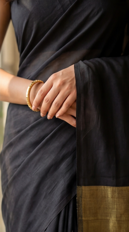 Khadi Cotton Saree - Black - KCEQ005