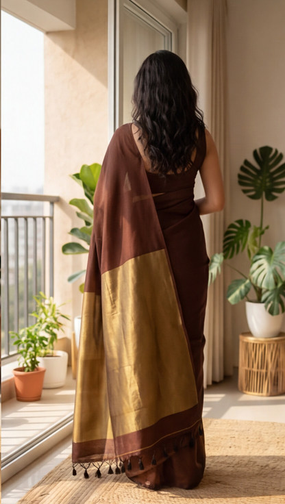 Khadi Cotton Saree - Brown - KCEQ001