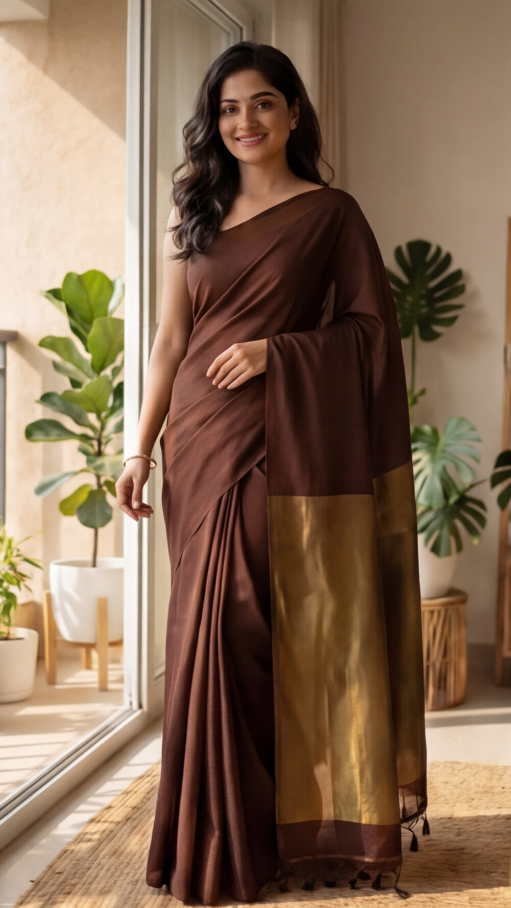 Khadi Cotton Saree - Brown - KCEQ001