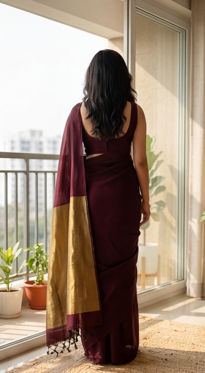 Khadi Cotton Saree - Maroon - KCEQ003