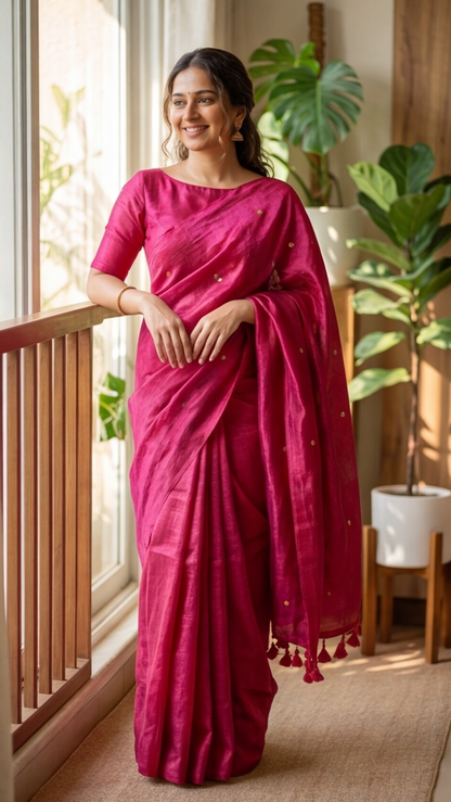 Khadi Tissue Saree - Rani Pink