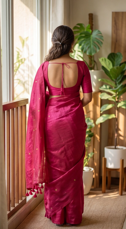 Khadi Tissue Saree - Rani Pink