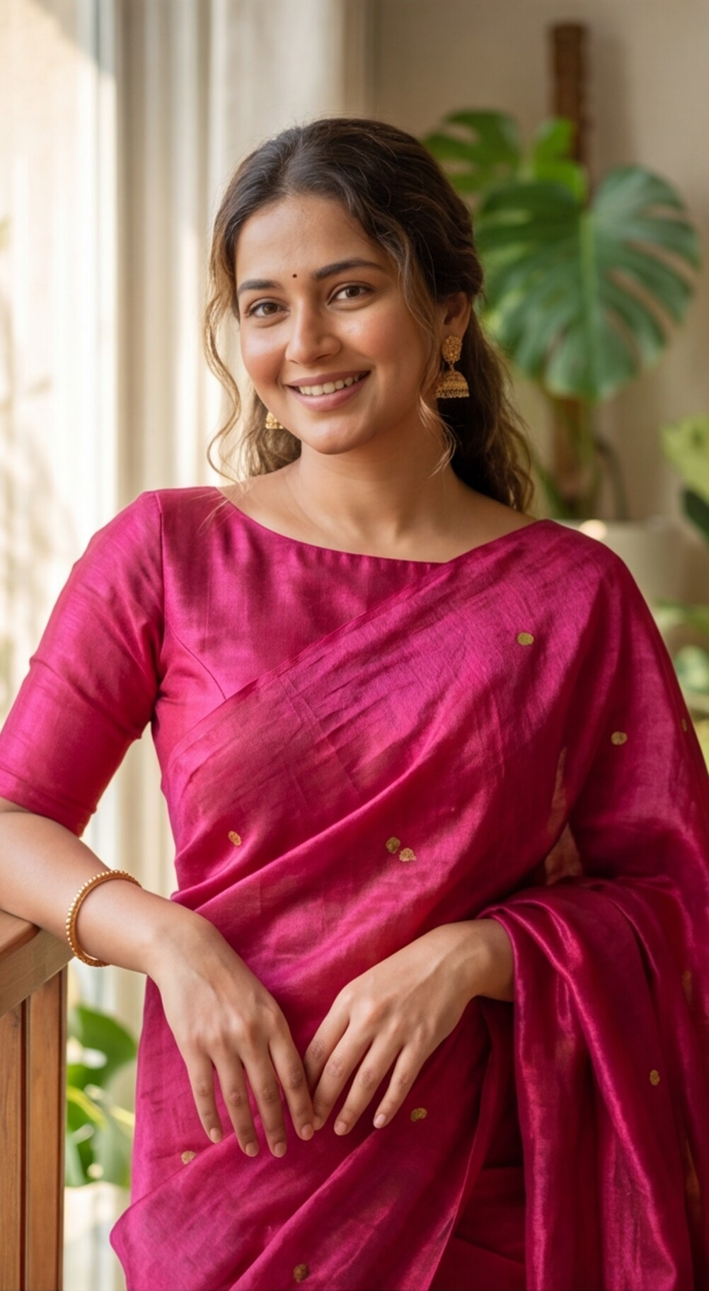 Khadi Tissue Saree - Rani Pink
