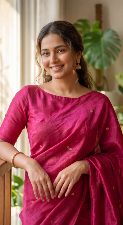 Khadi Tissue Saree - Rani Pink