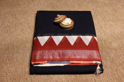 Linen Cotton Saree - Black - LCEQ004