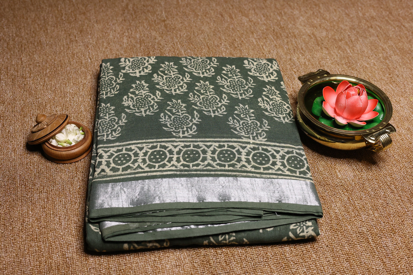 Linen Cotton Saree - Green - LCEQ009