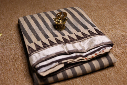 Linen Cotton Saree - Grey Stripes - LCEQ003