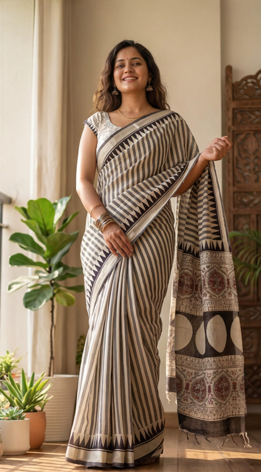 Linen Cotton Saree - Grey Stripes - LCEQ003