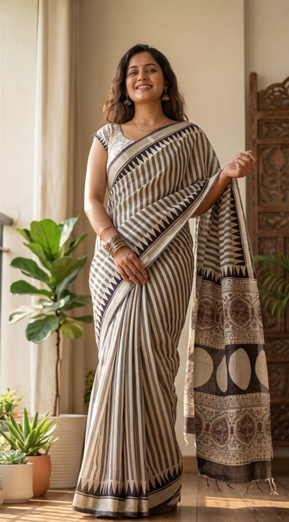 Linen Cotton Saree - Grey Stripes - LCEQ003