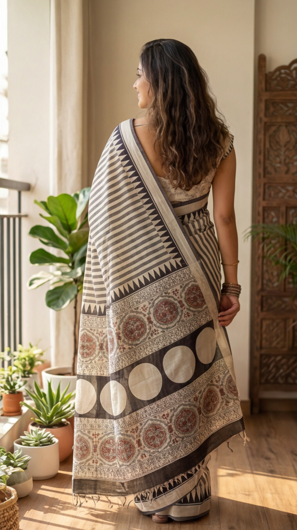 Linen Cotton Saree - Grey Stripes - LCEQ003