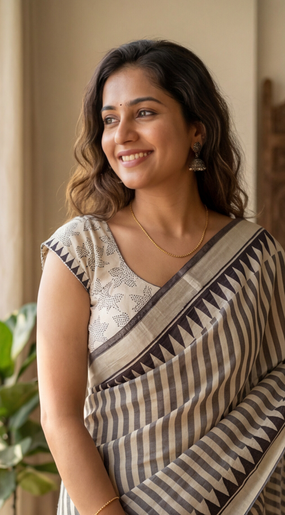 Linen Cotton Saree - Grey Stripes - LCEQ003