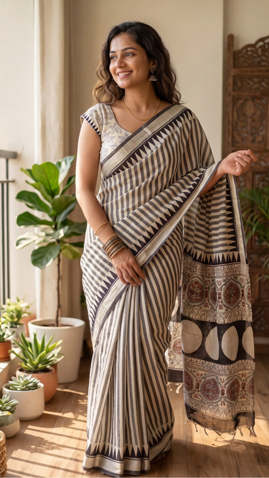 Linen Cotton Saree - Grey Stripes