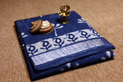 Linen Cotton Saree - Indigo Floral - LCEQ013