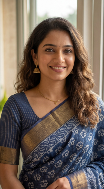 Linen Cotton Saree - Indigo Floral with gold zari - LCEQ001