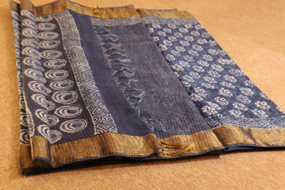 Linen Cotton Saree - Indigo Floral with gold zari - LCEQ001
