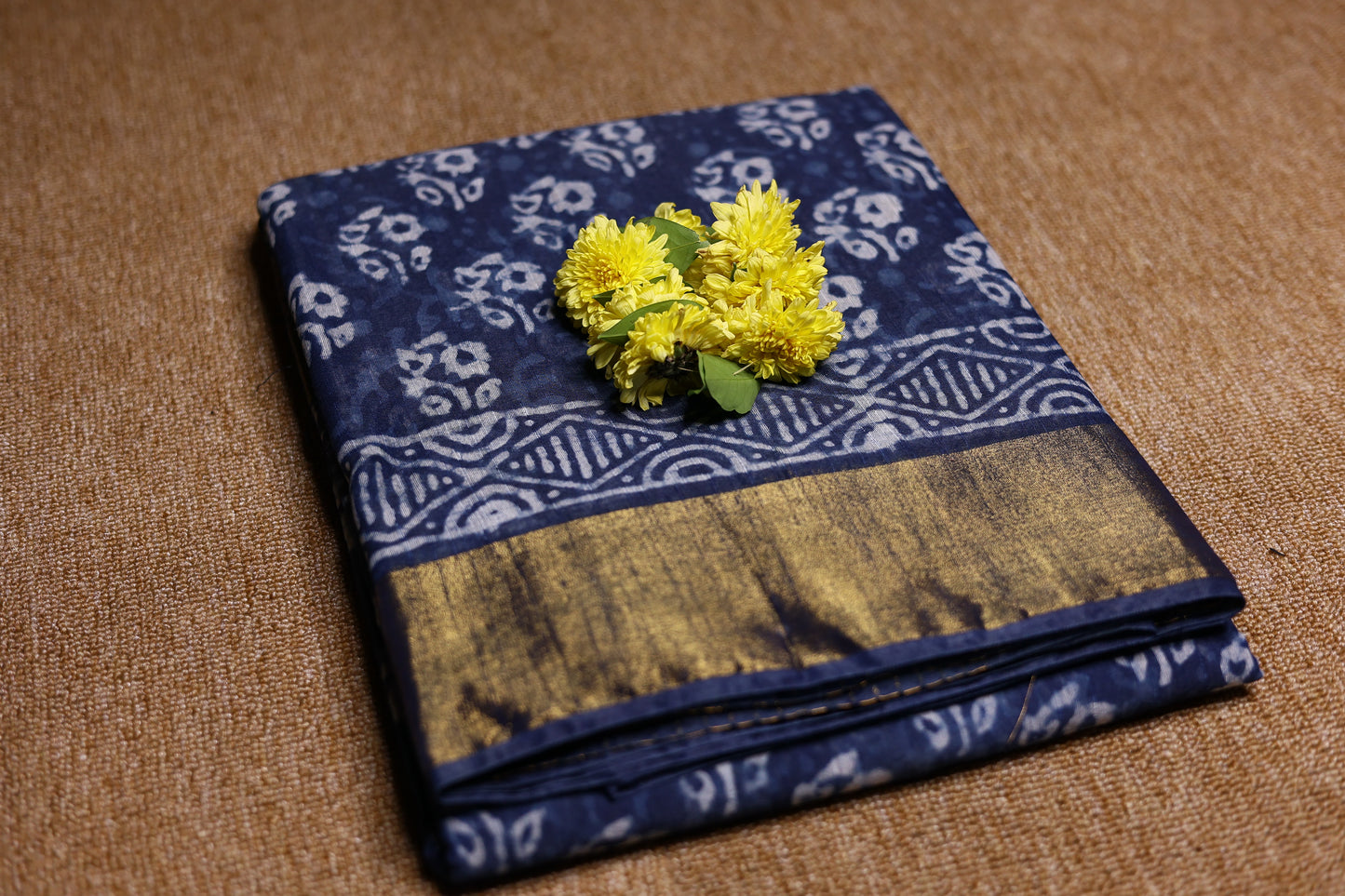 Linen Cotton Saree - Indigo Floral with gold zari - LCEQ001