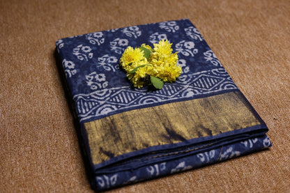 Linen Cotton Saree - Indigo Floral with gold zari - LCEQ001