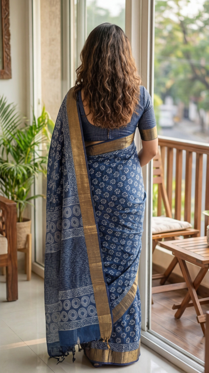 Linen Cotton Saree - Indigo Floral with gold zari - LCEQ001