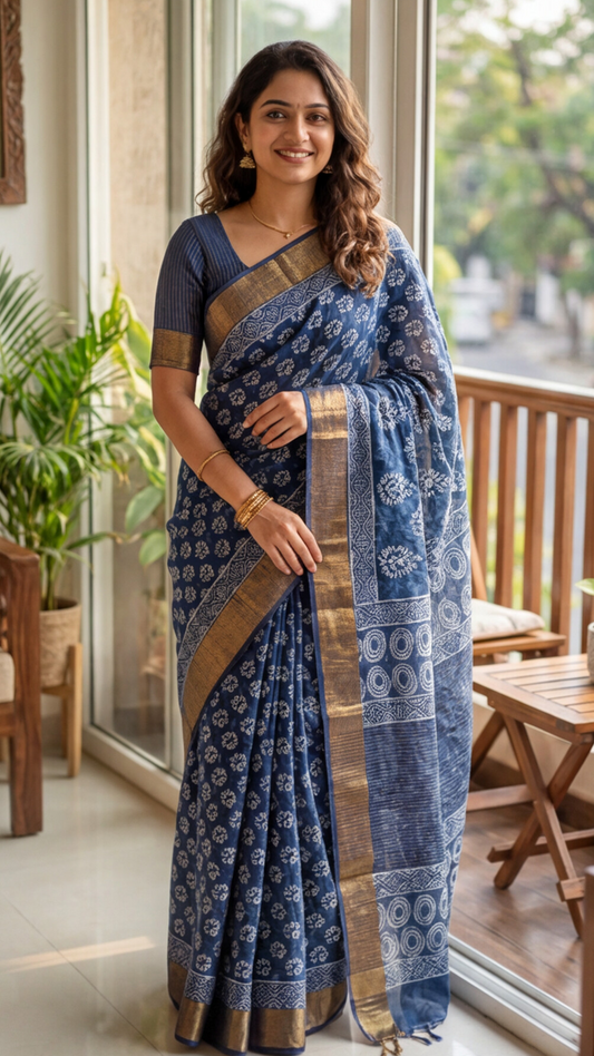 Linen Cotton Saree - Indigo Floral with gold zari