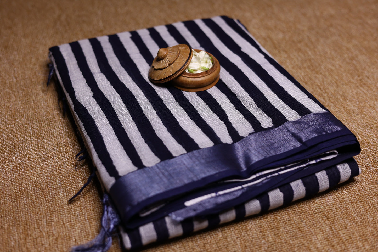 Linen Cotton Saree - Indigo Stripes - LCEQ002