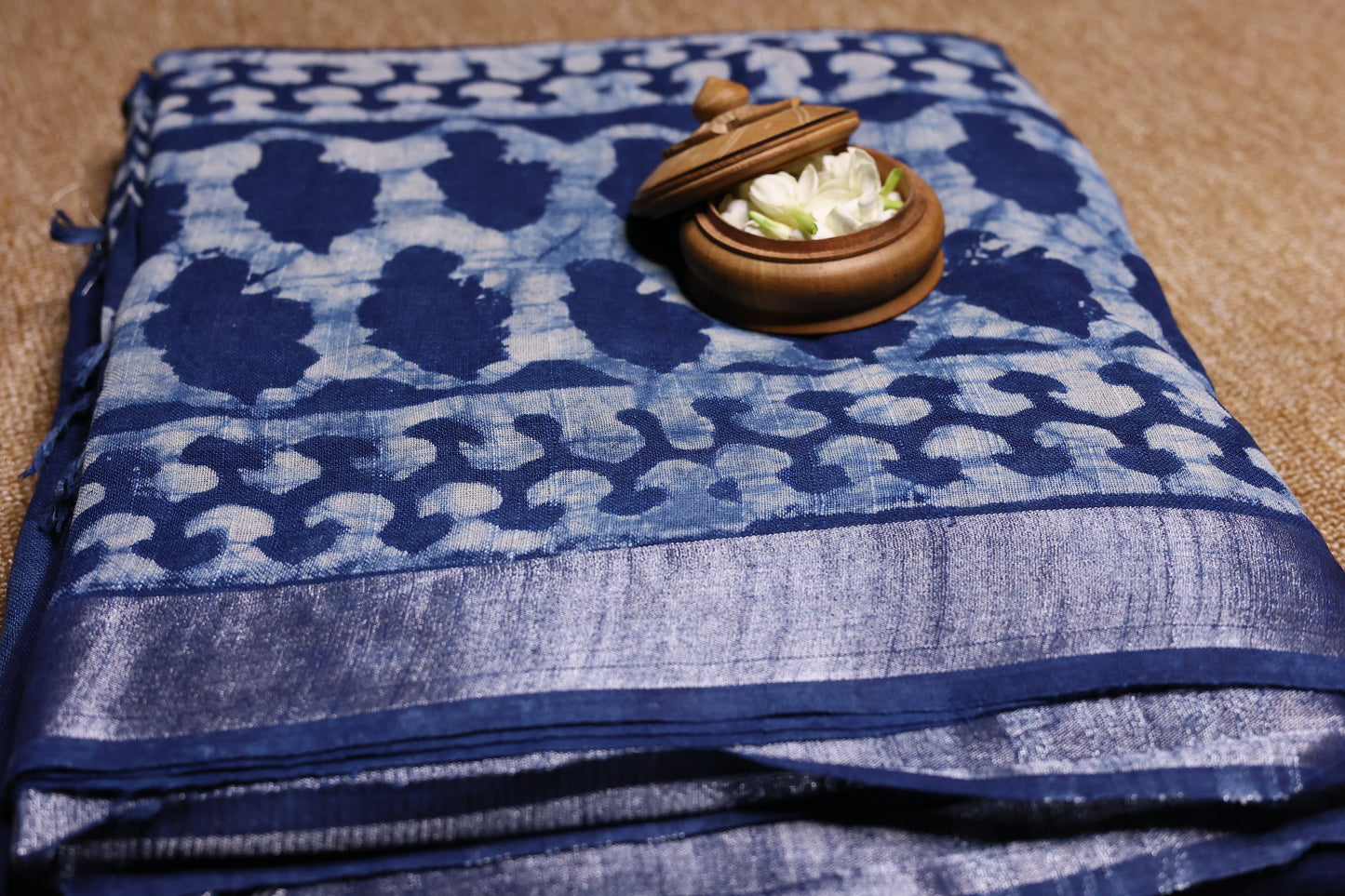 Linen Cotton Saree - Indigo Triangle Blocks - LCEQ014