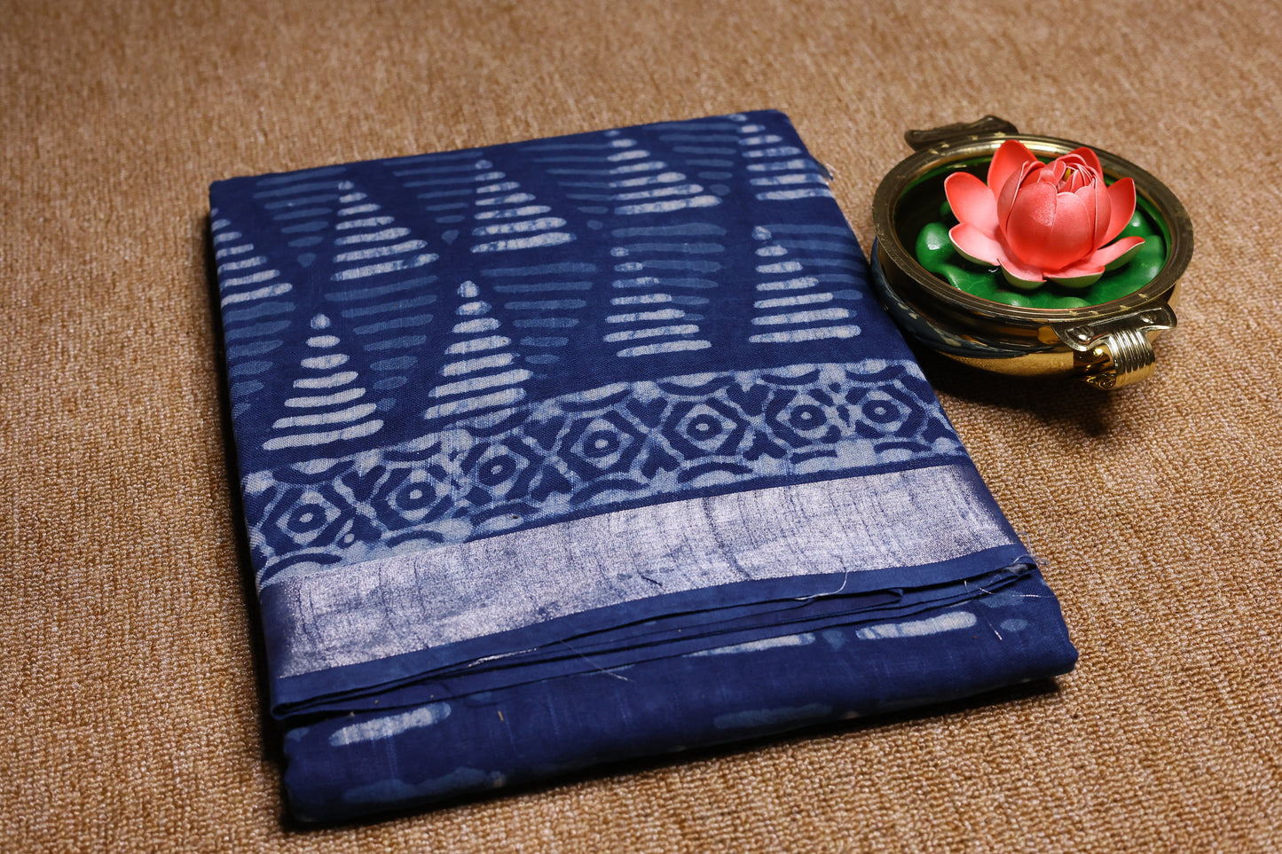 Linen Cotton Saree - Indigo Triangle Stripes - LCEQ011