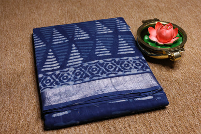 Linen Cotton Saree - Indigo Triangle Stripes - LCEQ011