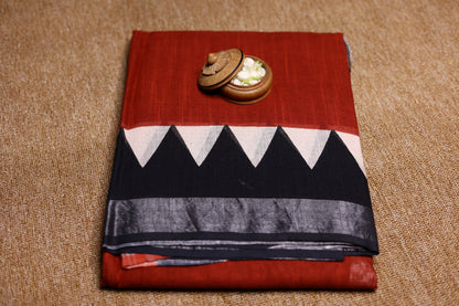 Linen Cotton Saree - Rust Red, Black and Ivory with Contemporary Geometric Design