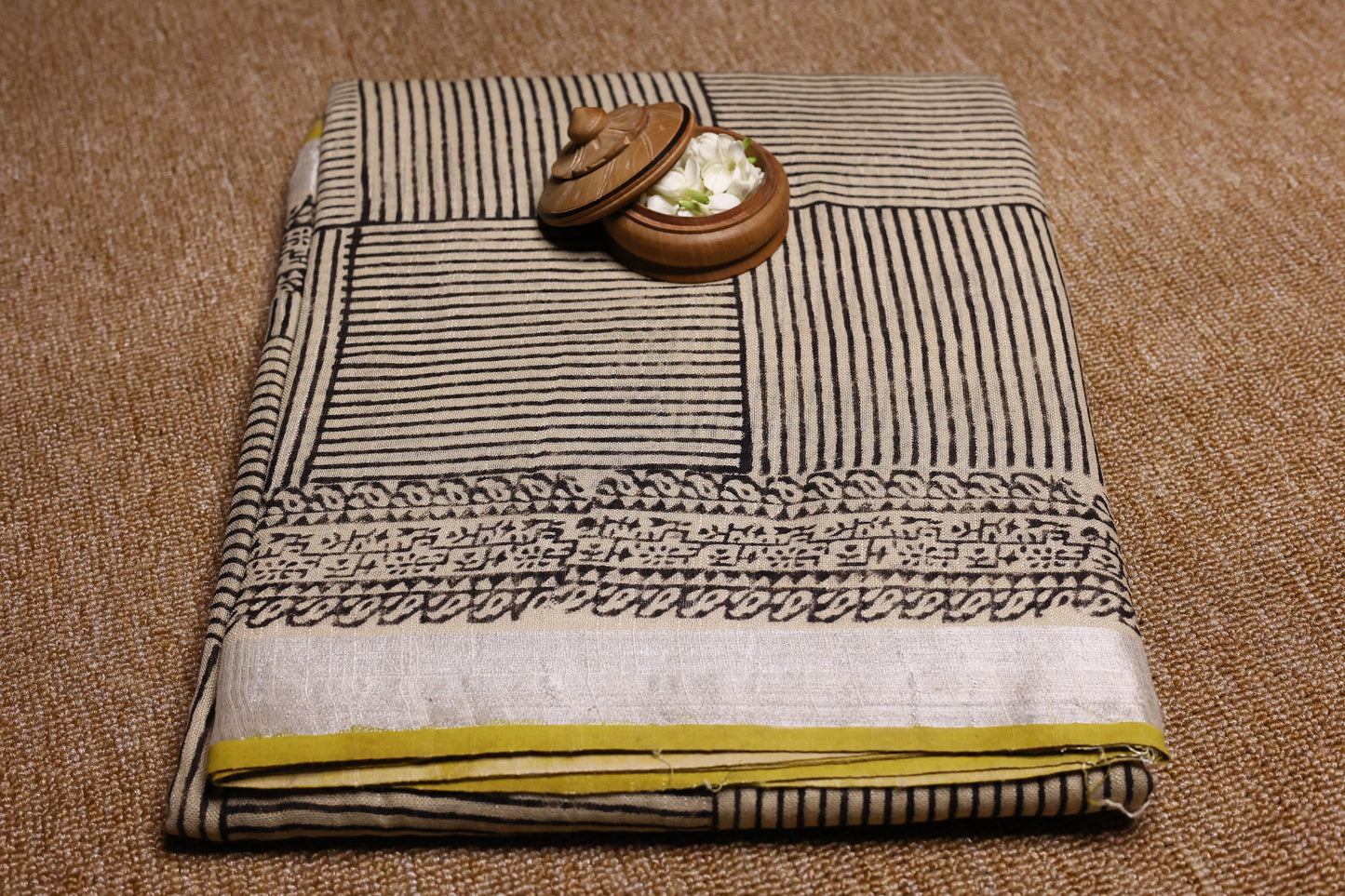Linen Cotton Saree - Square Stripes with Yellow Border - LCEQ015