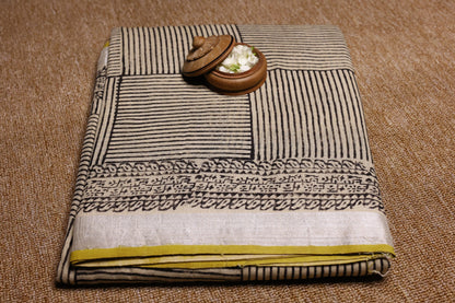 Linen Cotton Saree - Square Stripes with Yellow Border - LCEQ015