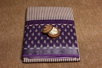 Linen Cotton Saree - Stripes with Lavender Border - LCEQ012