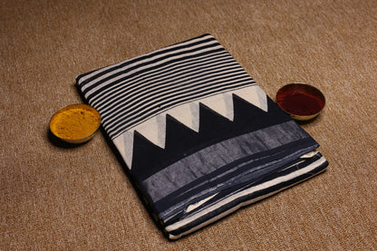 Linen Cotton Saree - White and Black Stripes - LCEQ005