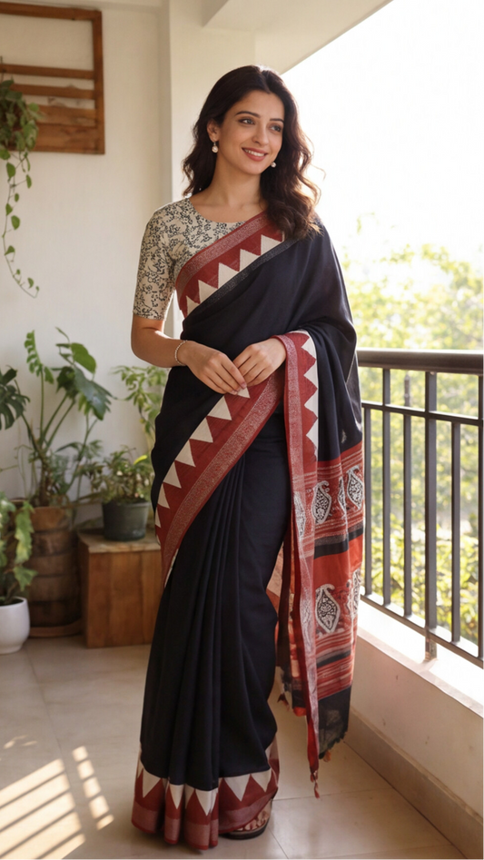 Linen Cotton Saree - Black
