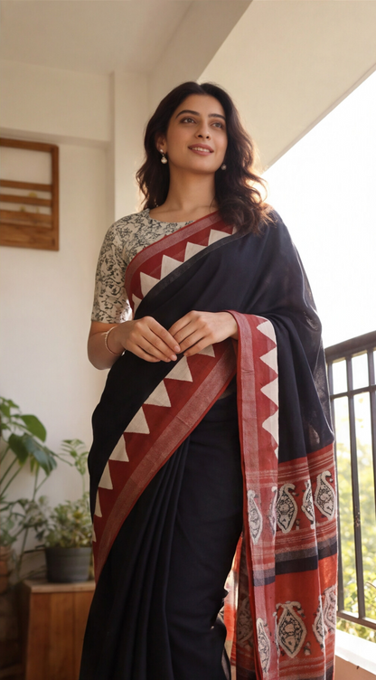 Linen Cotton Saree - Black - LCEQ004