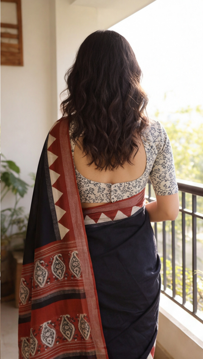 Linen Cotton Saree - Black - LCEQ004